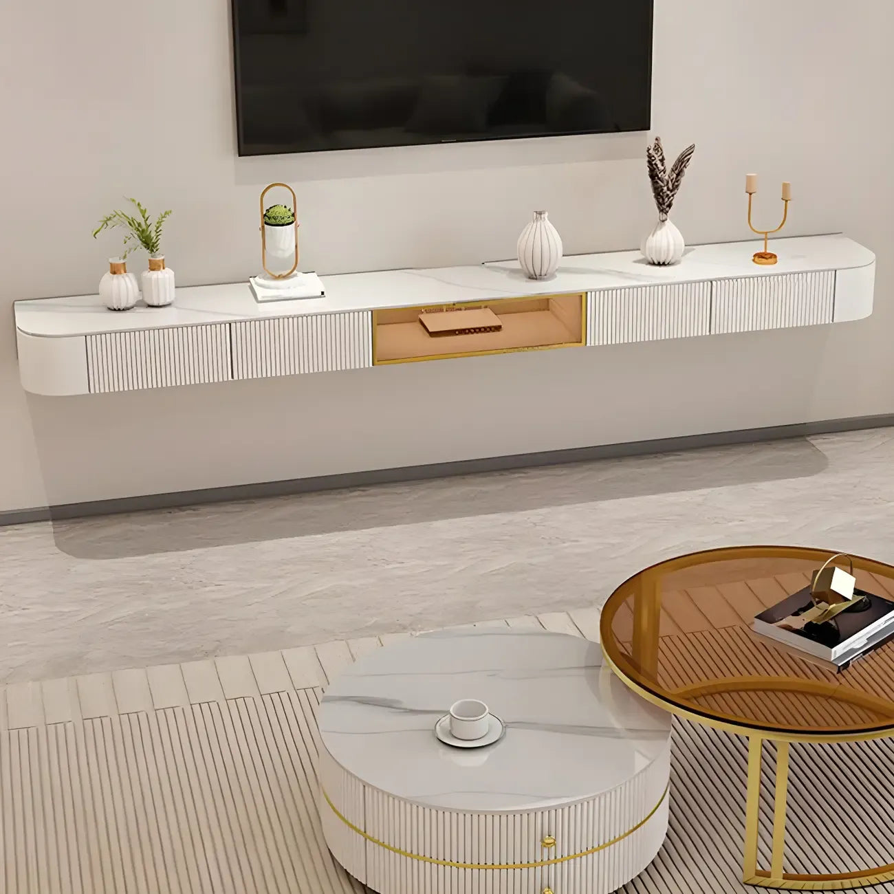 Mobile TV galleggiante 79 White Stone con cassetto e armadietto