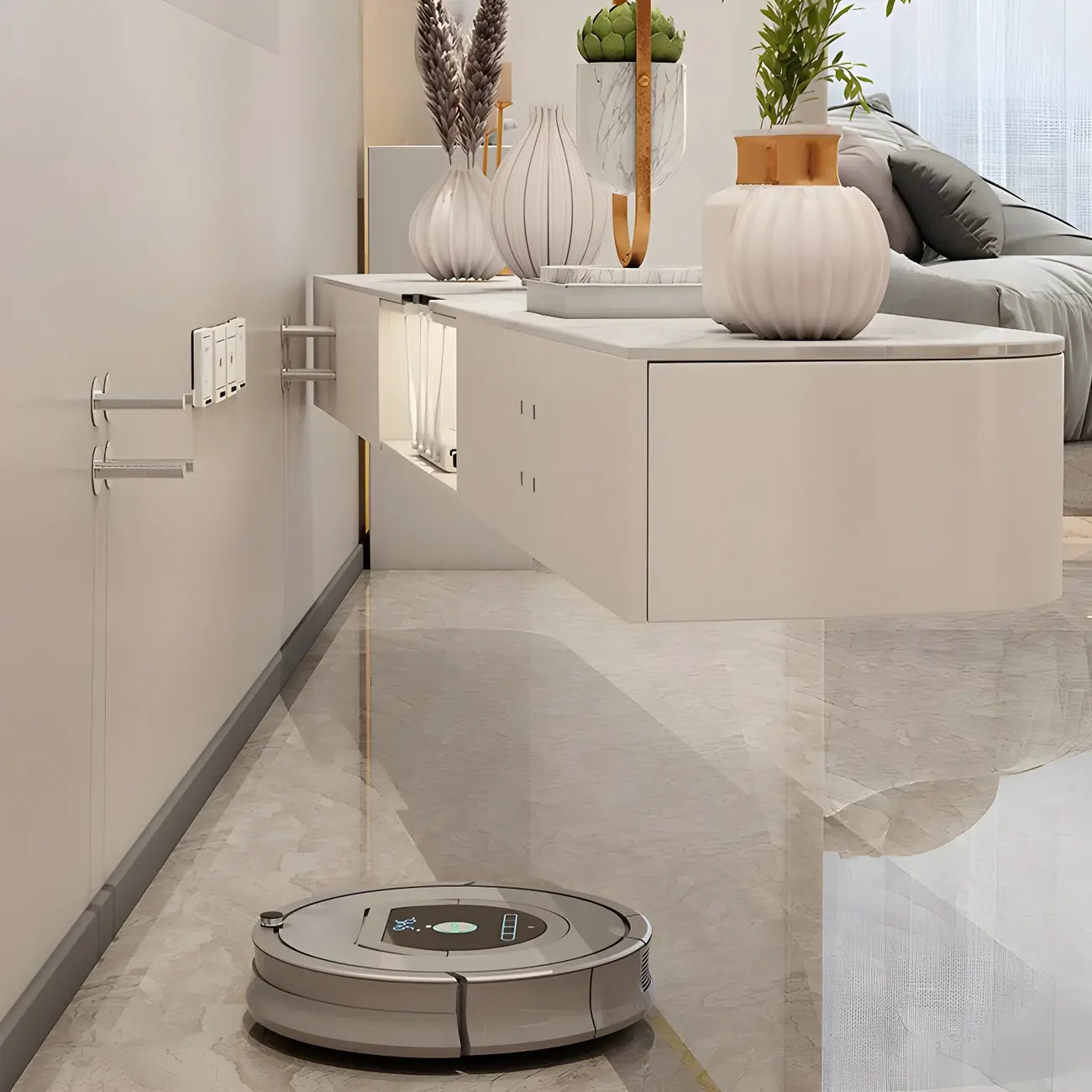 Mobile TV galleggiante 79 White Stone con cassetto e armadietto