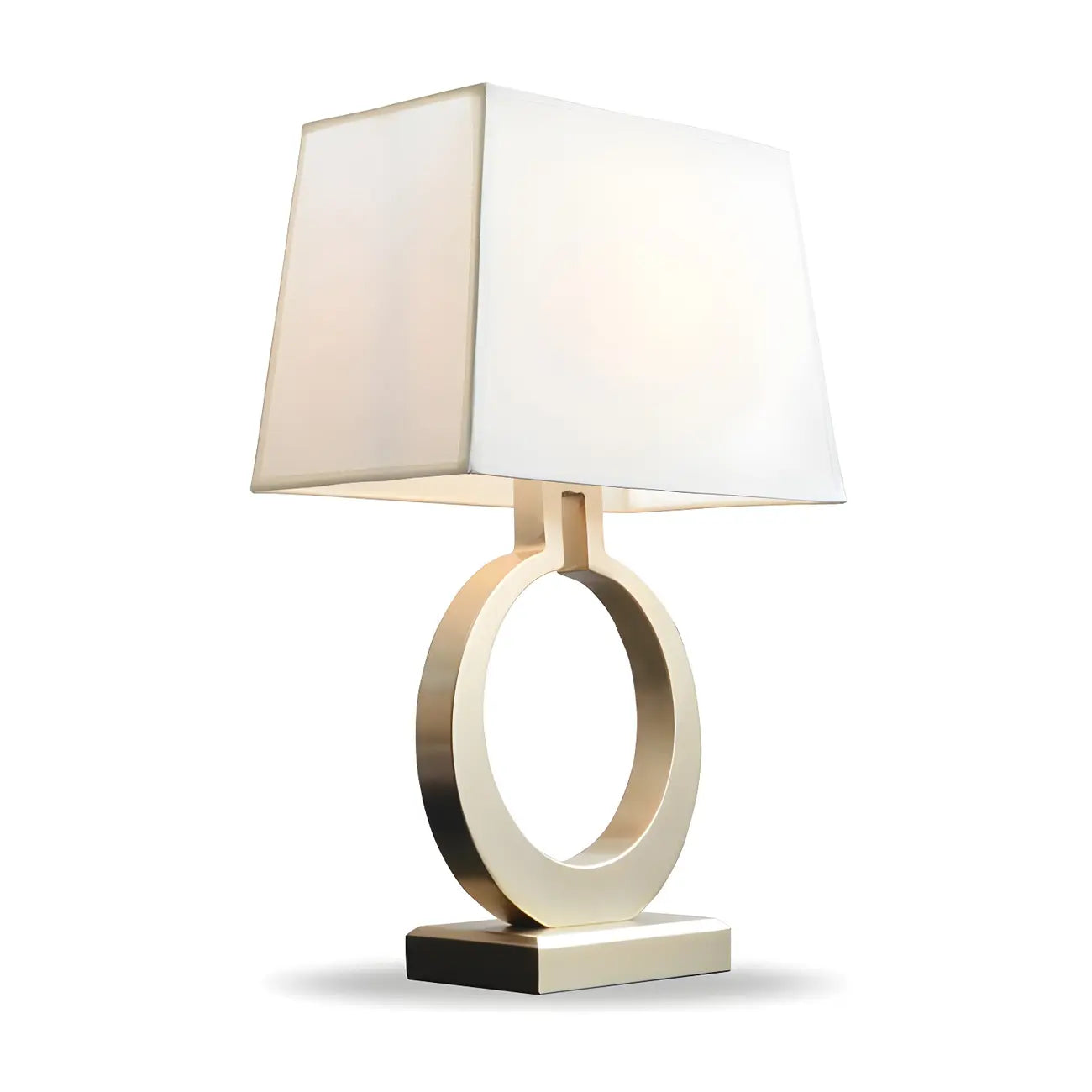 Lampe de table LED à anneau doré, base carrée et abat-jour rectangulaire