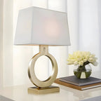 Lampe de table LED à anneau doré, base carrée et abat-jour rectangulaire