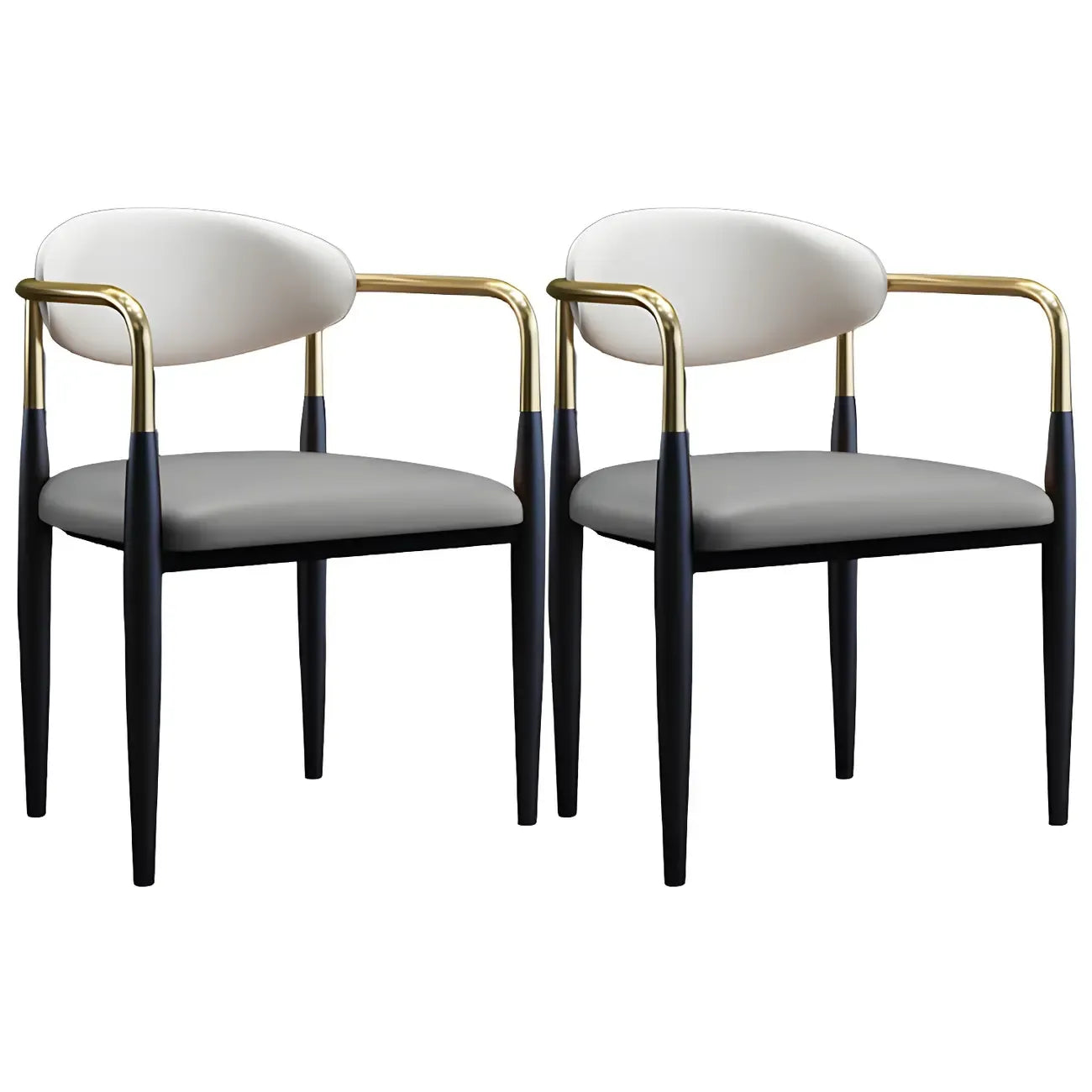 Chaise de salle à manger avec pieds en métal courbés et accoudoirs en similicuir.