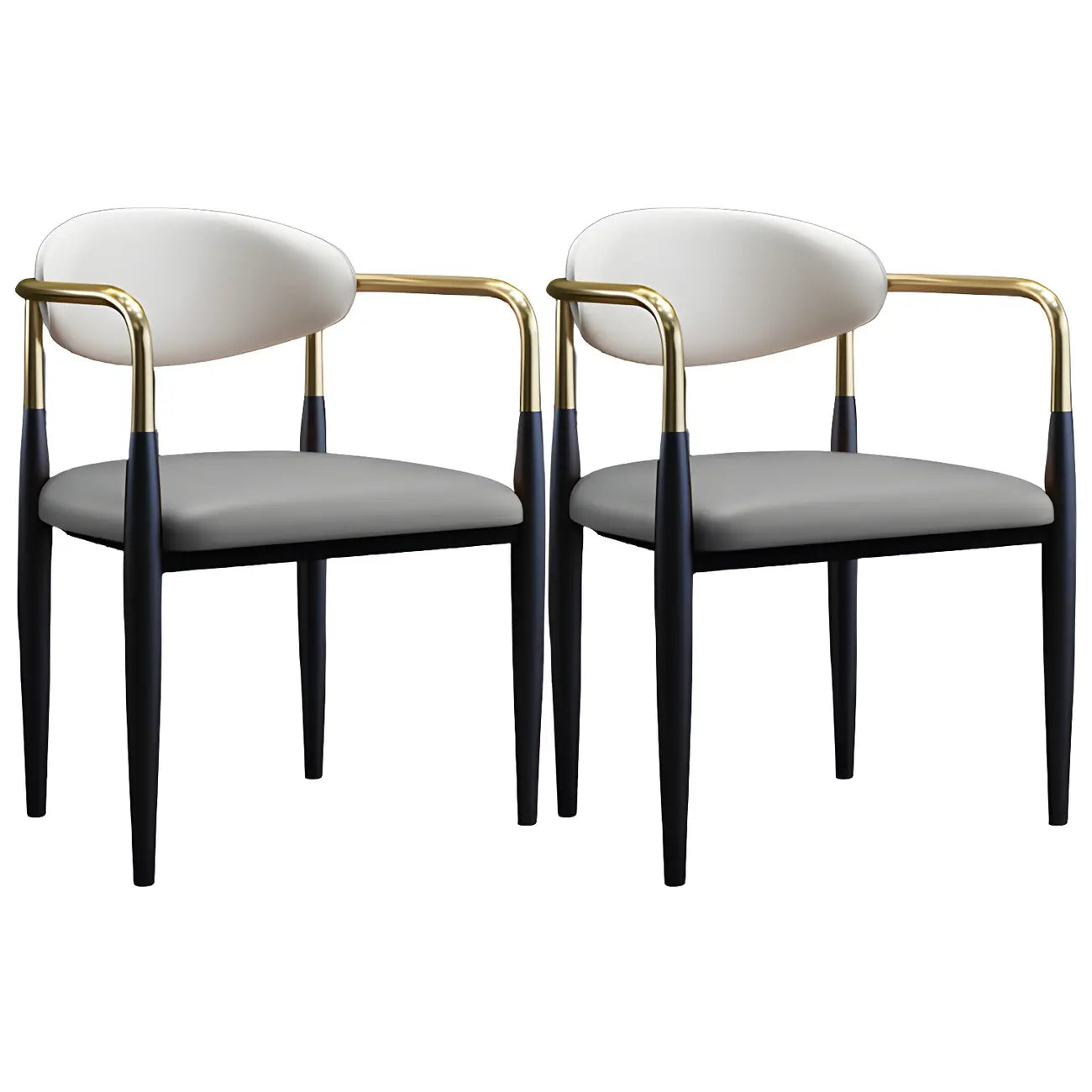 Chaise de salle à manger avec pieds en métal courbés et accoudoirs en similicuir.