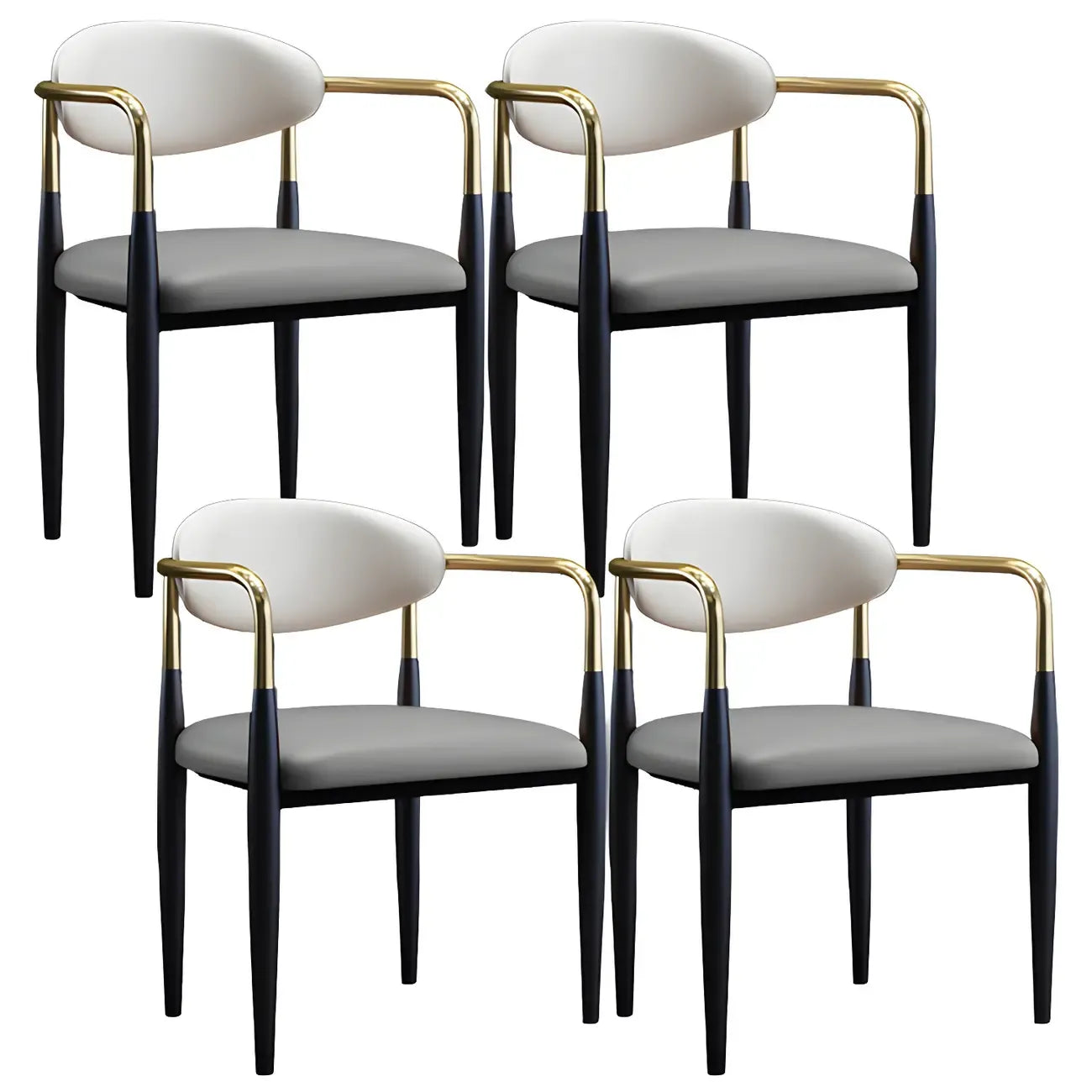 Chaise de salle à manger avec pieds en métal courbés et accoudoirs en similicuir.
