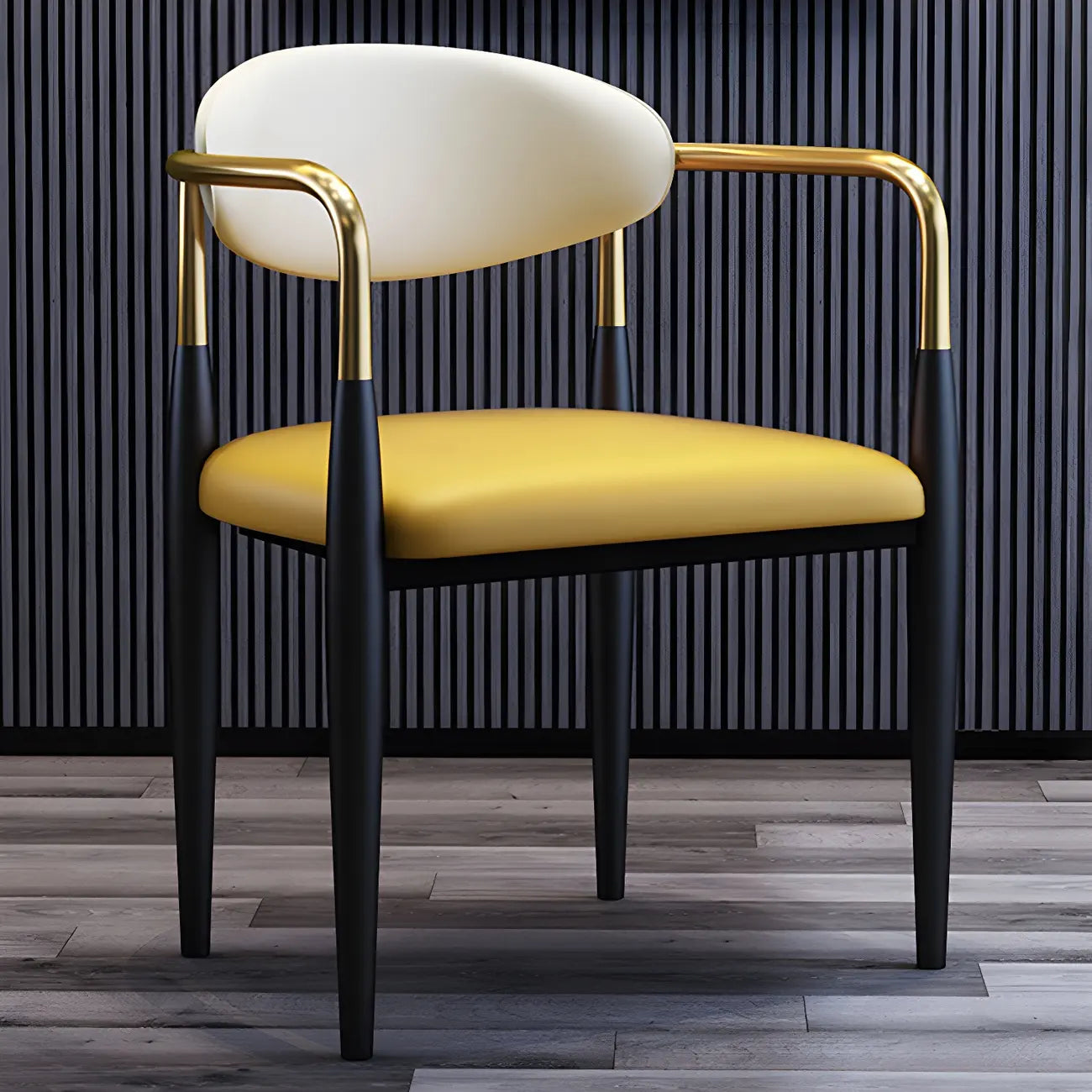 Chaise de salle à manger avec pieds en métal courbés et accoudoirs en similicuir.