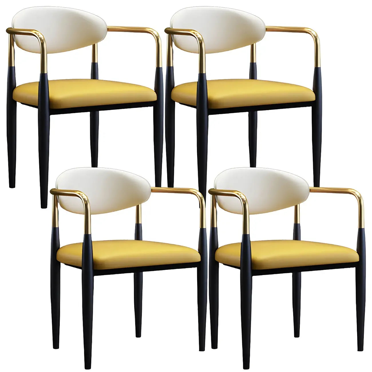 Chaise de salle à manger avec pieds en métal courbés et accoudoirs en similicuir.