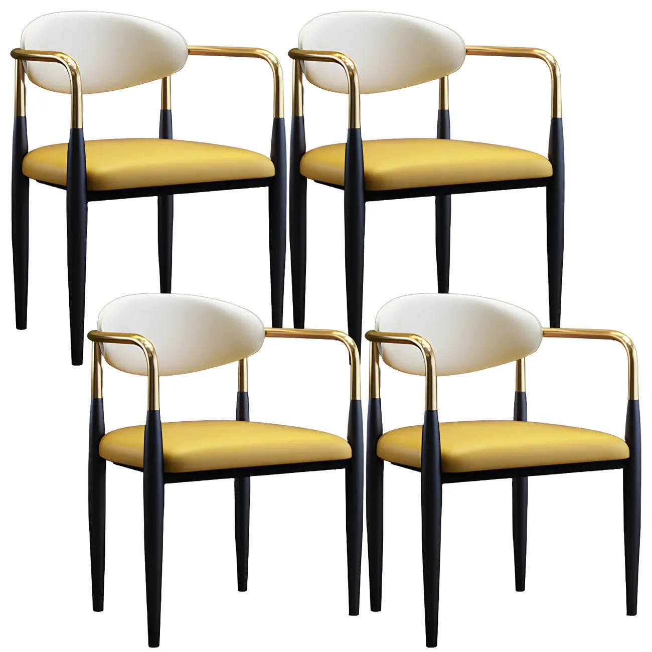 Chaise de salle à manger avec pieds en métal courbés et accoudoirs en similicuir.