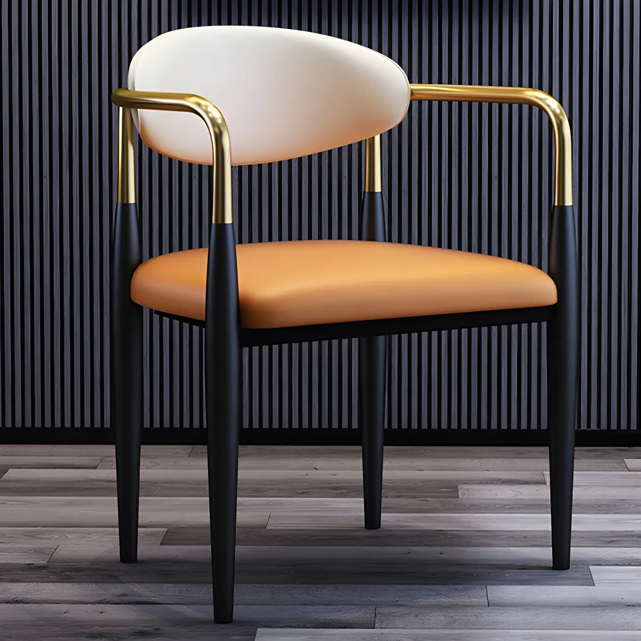 Chaise de salle à manger avec pieds en métal courbés et accoudoirs en similicuir.