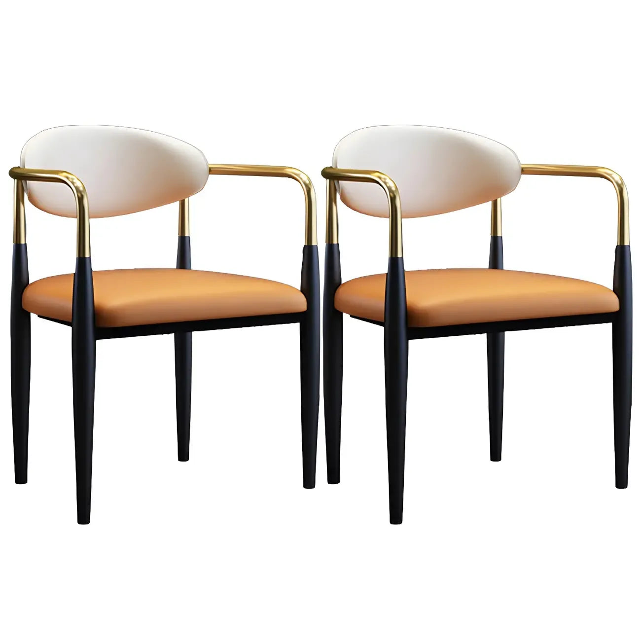 Chaise de salle à manger avec pieds en métal courbés et accoudoirs en similicuir.