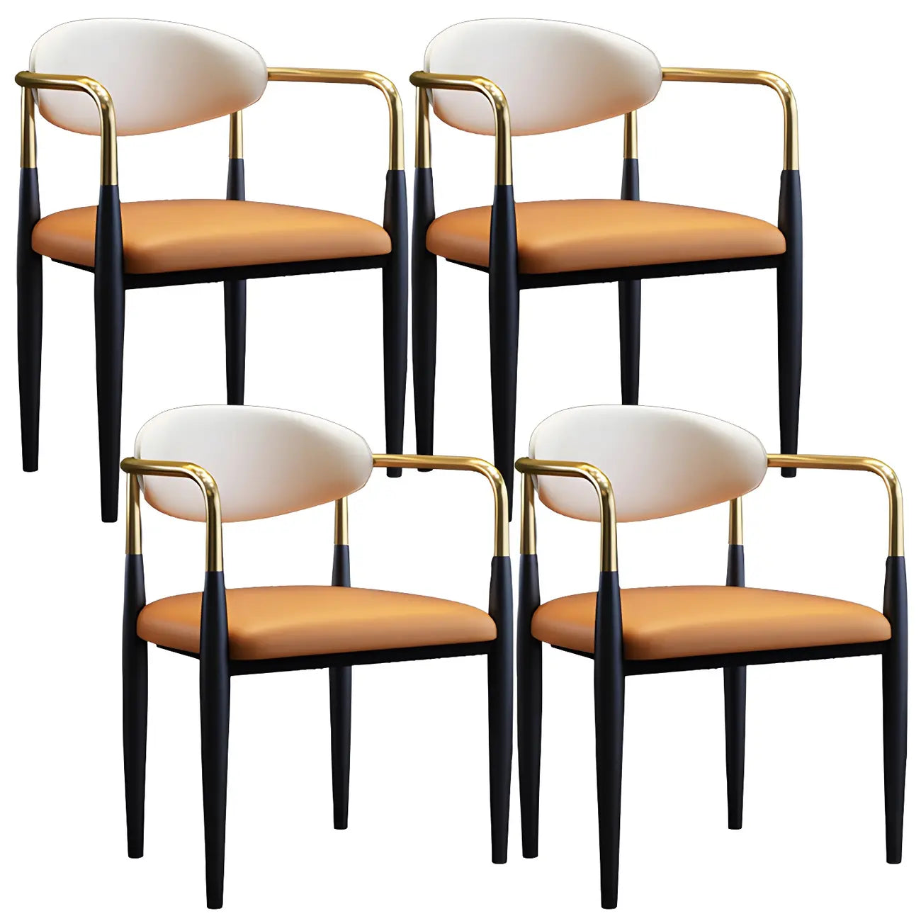 Chaise de salle à manger avec pieds en métal courbés et accoudoirs en similicuir.
