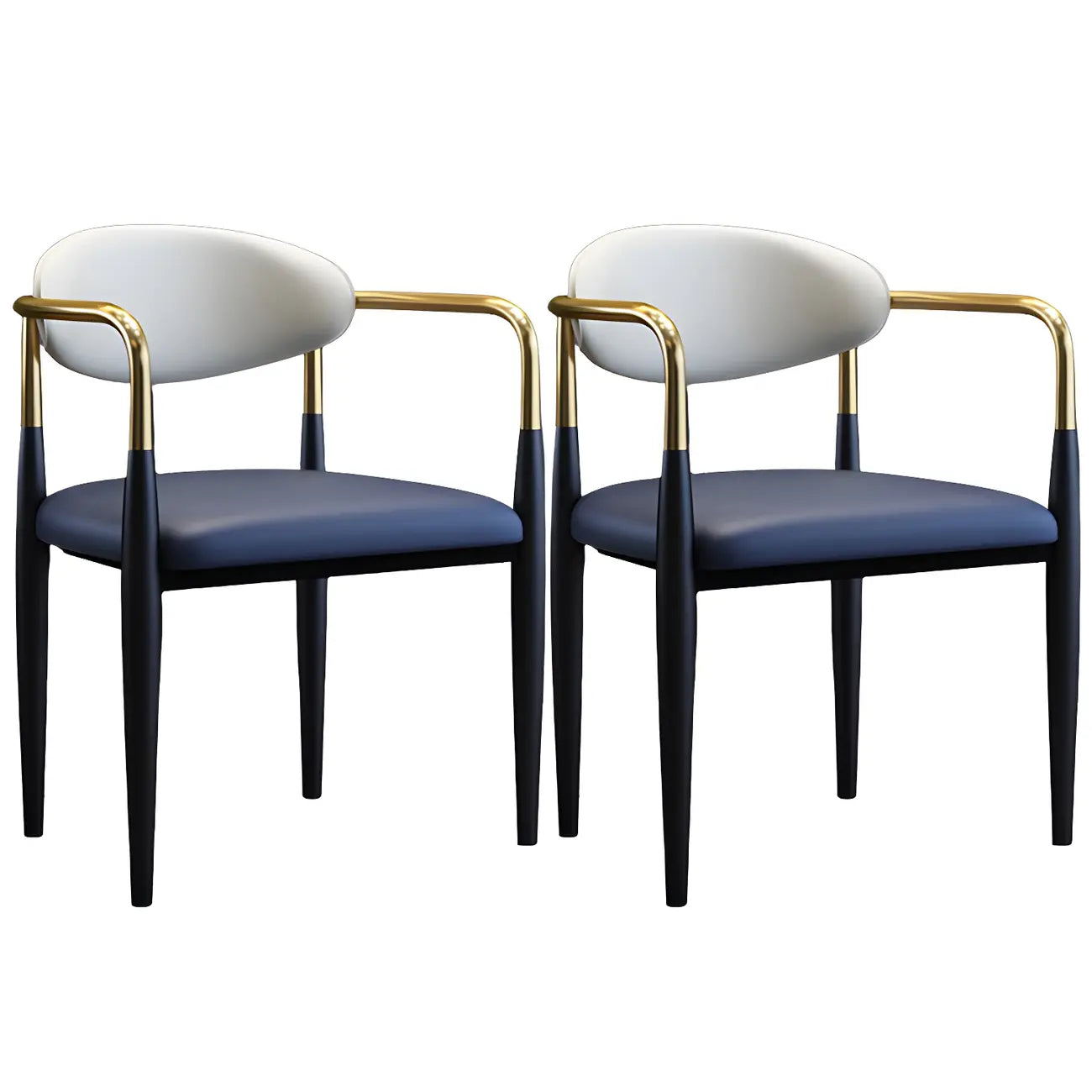Chaise de salle à manger avec pieds en métal courbés et accoudoirs en similicuir.