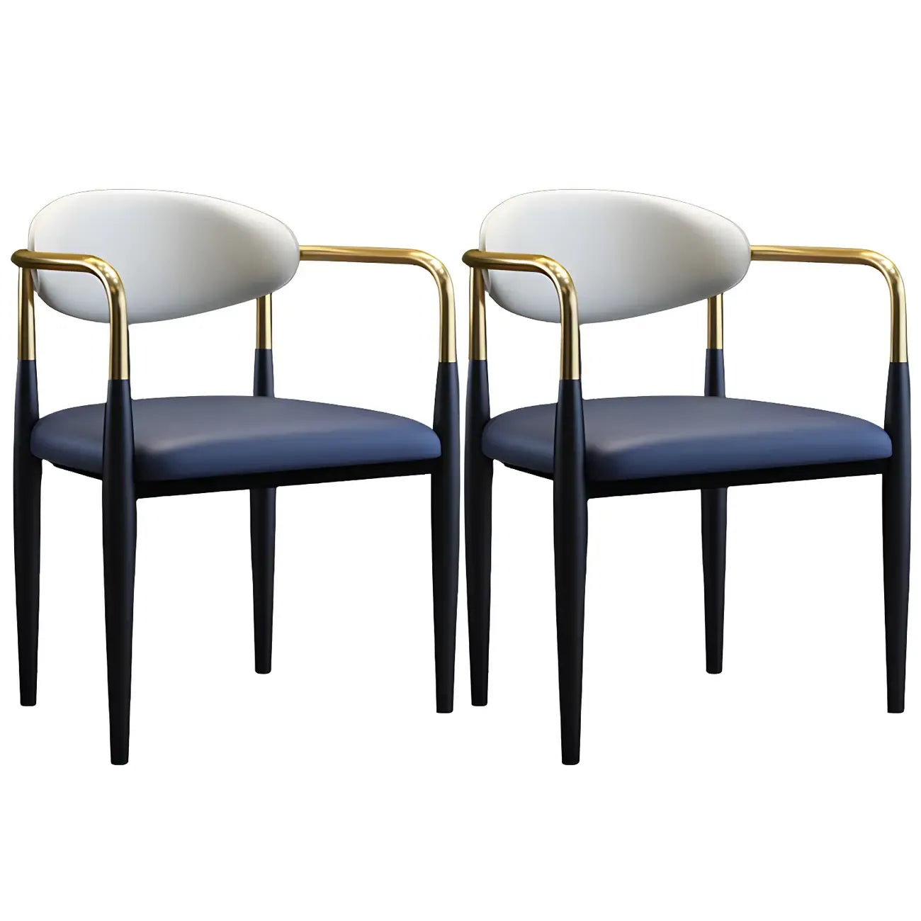 Chaise de salle à manger avec pieds en métal courbés et accoudoirs en similicuir.
