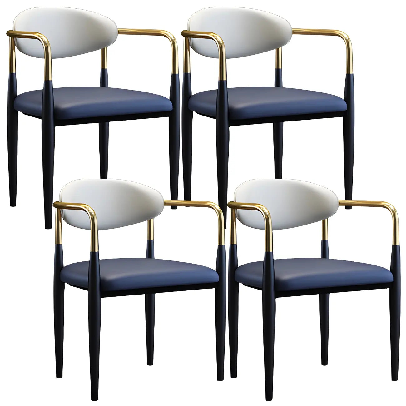 Chaise de salle à manger avec pieds en métal courbés et accoudoirs en similicuir.