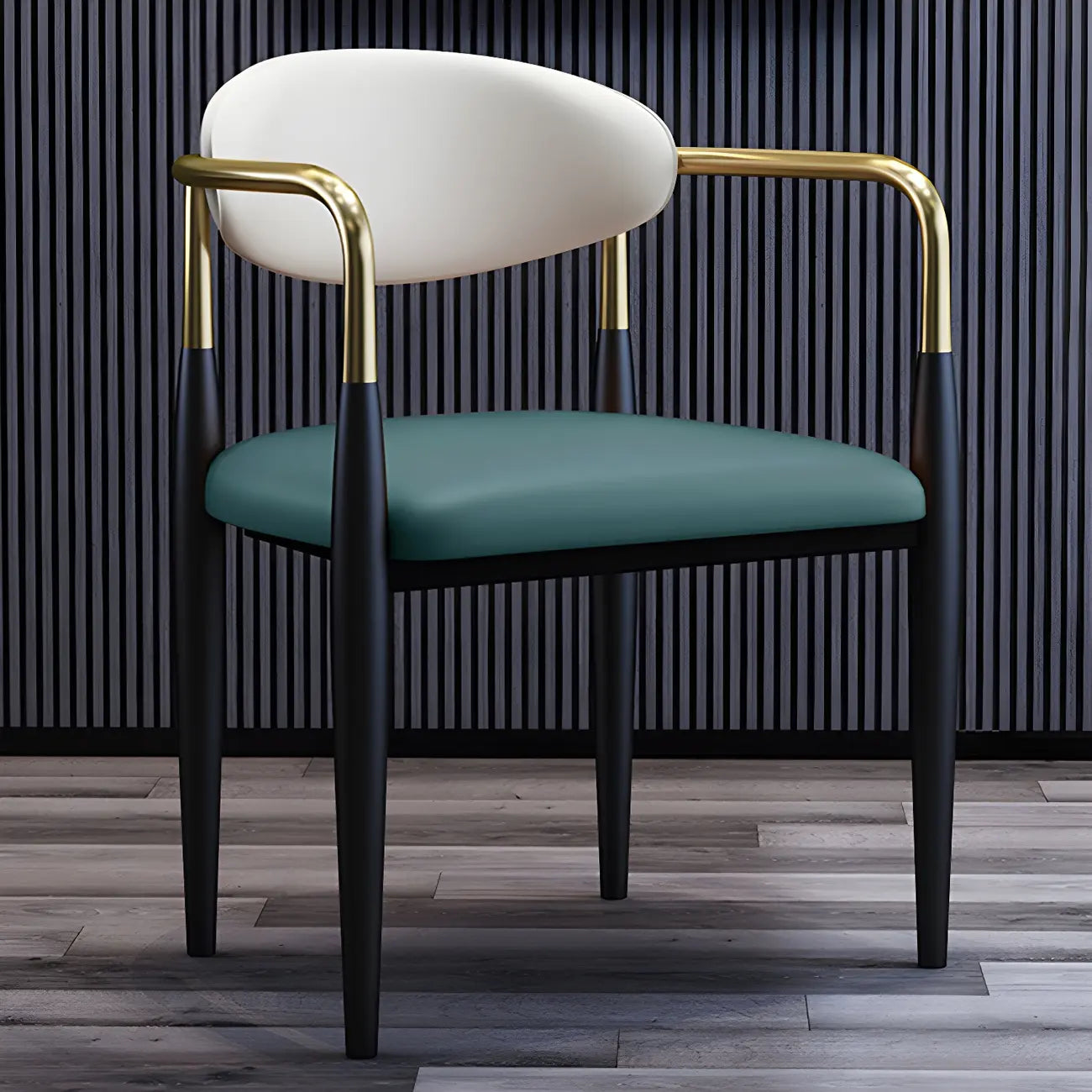 Chaise de salle à manger avec pieds en métal courbés et accoudoirs en similicuir.