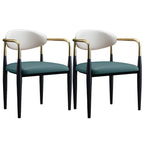 Chaise de salle à manger avec pieds en métal courbés et accoudoirs en similicuir.