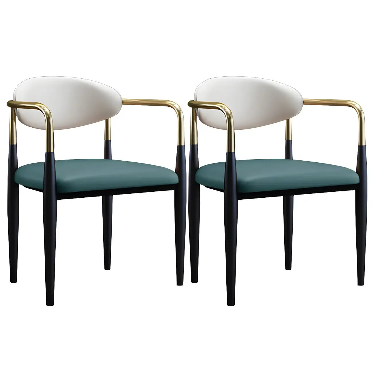 Chaise de salle à manger avec pieds en métal courbés et accoudoirs en similicuir.