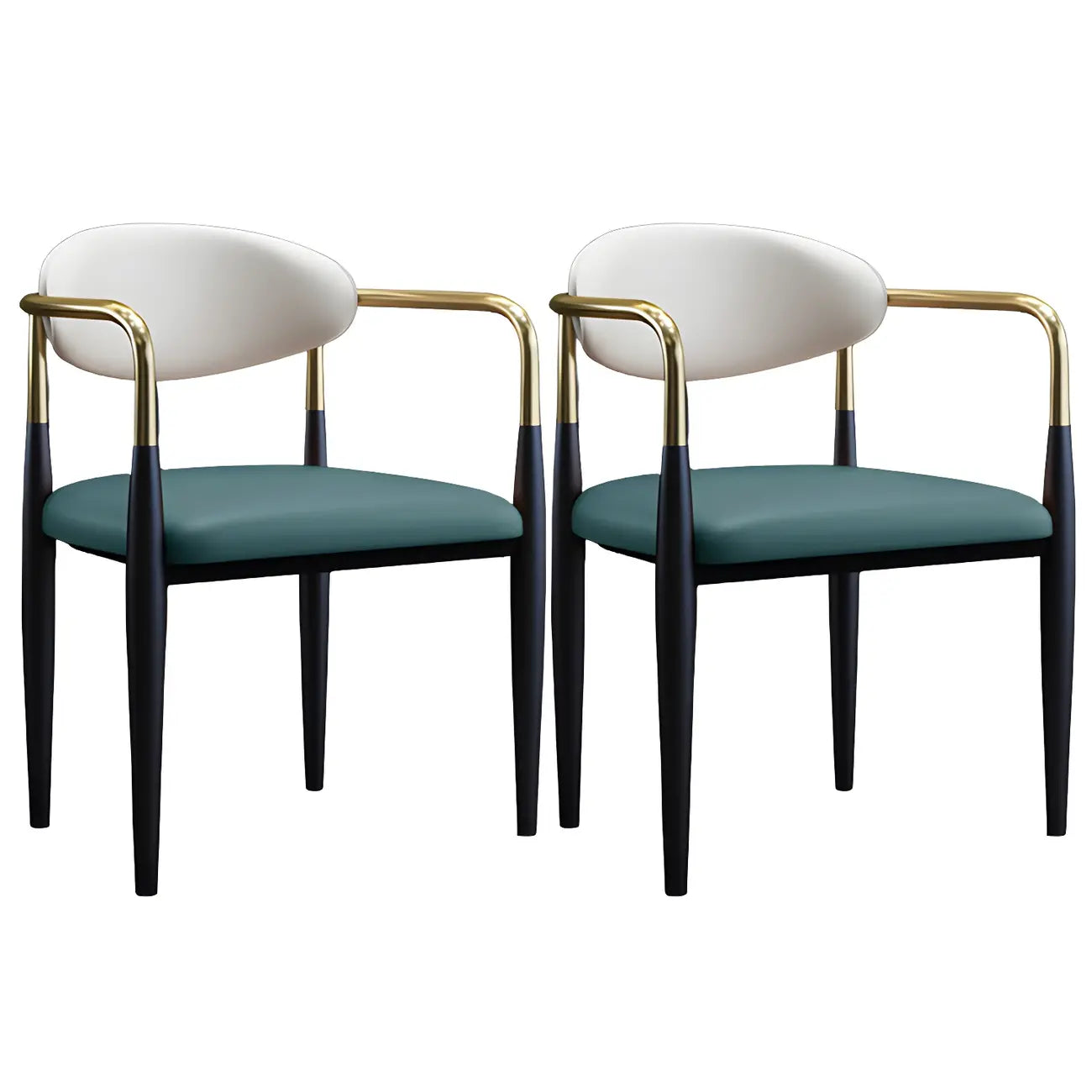 Chaise de salle à manger avec pieds en métal courbés et accoudoirs en similicuir.