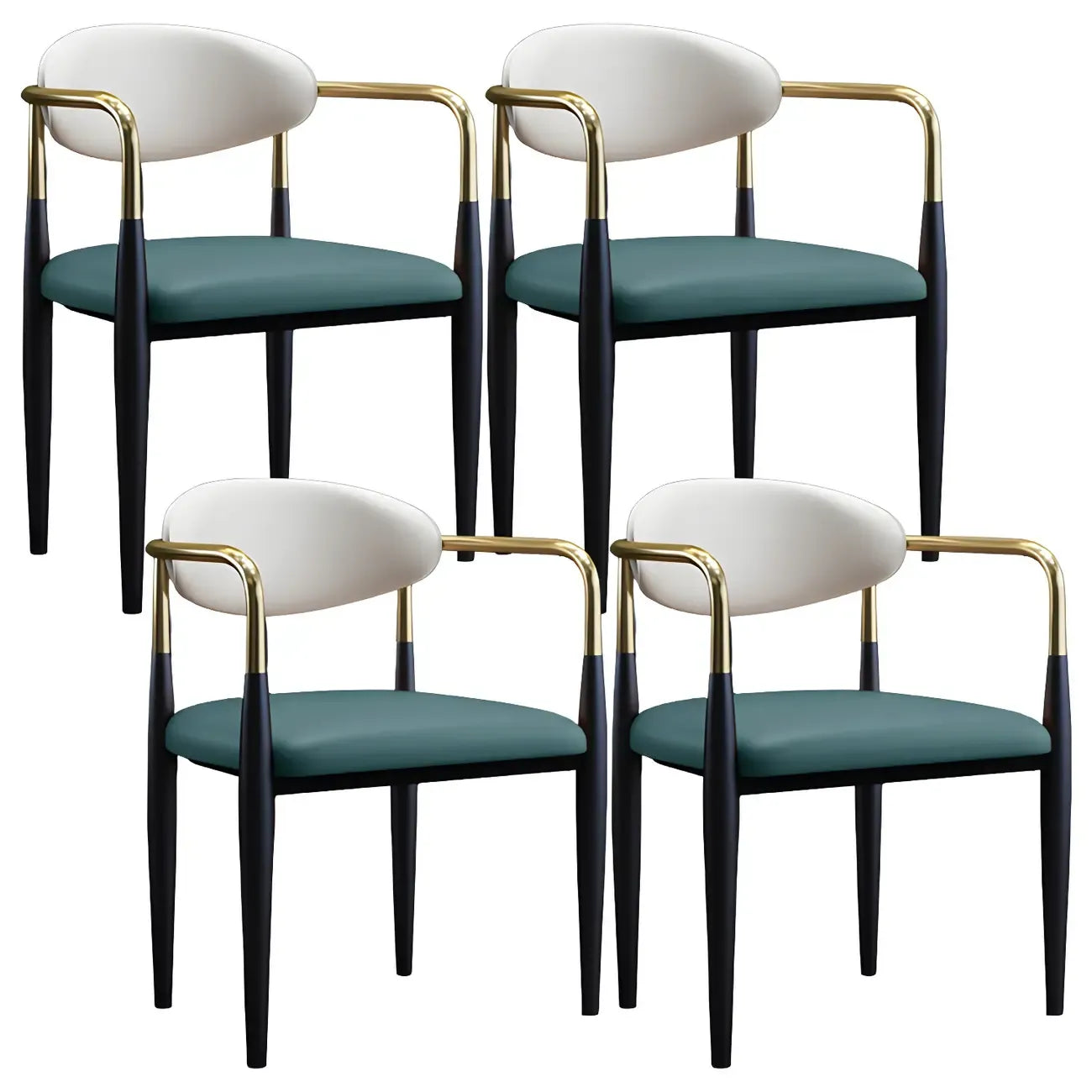 Chaise de salle à manger avec pieds en métal courbés et accoudoirs en similicuir.