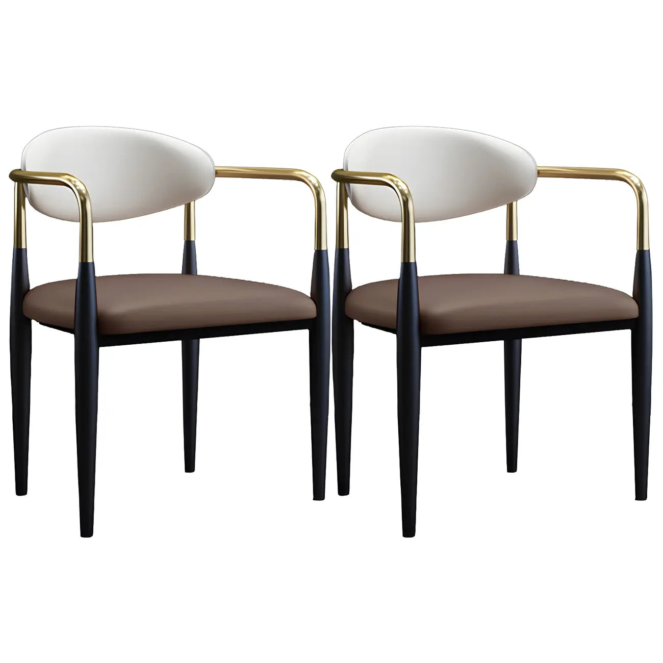 Chaise de salle à manger avec pieds en métal courbés et accoudoirs en similicuir.