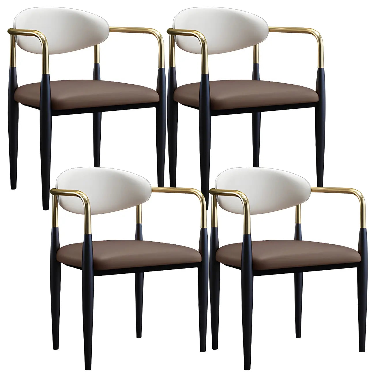 Chaise de salle à manger avec pieds en métal courbés et accoudoirs en similicuir.