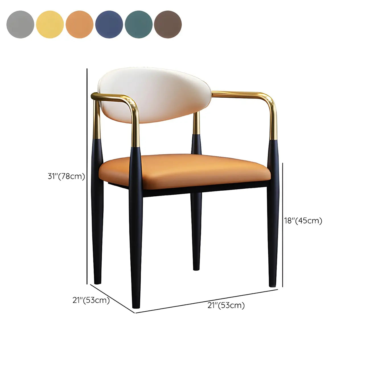 Chaise de salle à manger avec pieds en métal courbés et accoudoirs en similicuir.