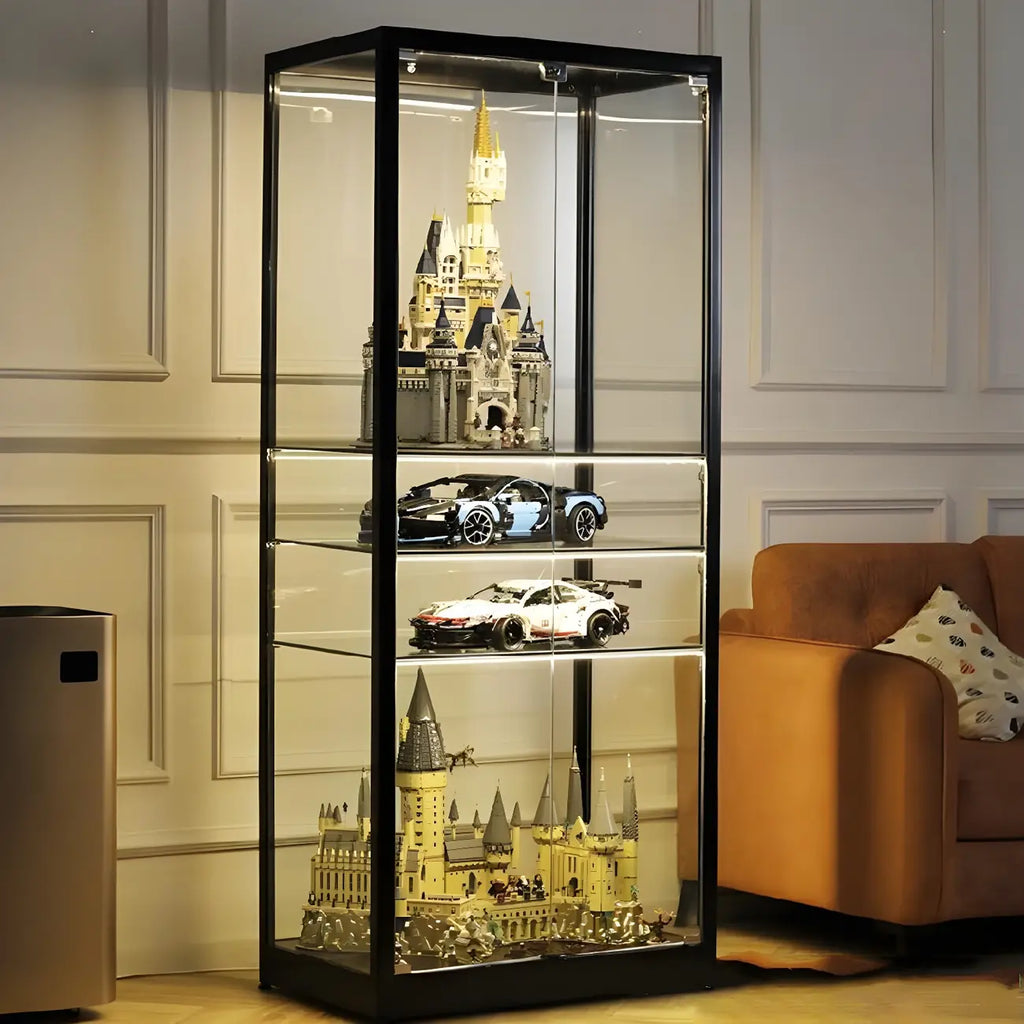 Vitrine moderne en verre noir avec étagères réglables