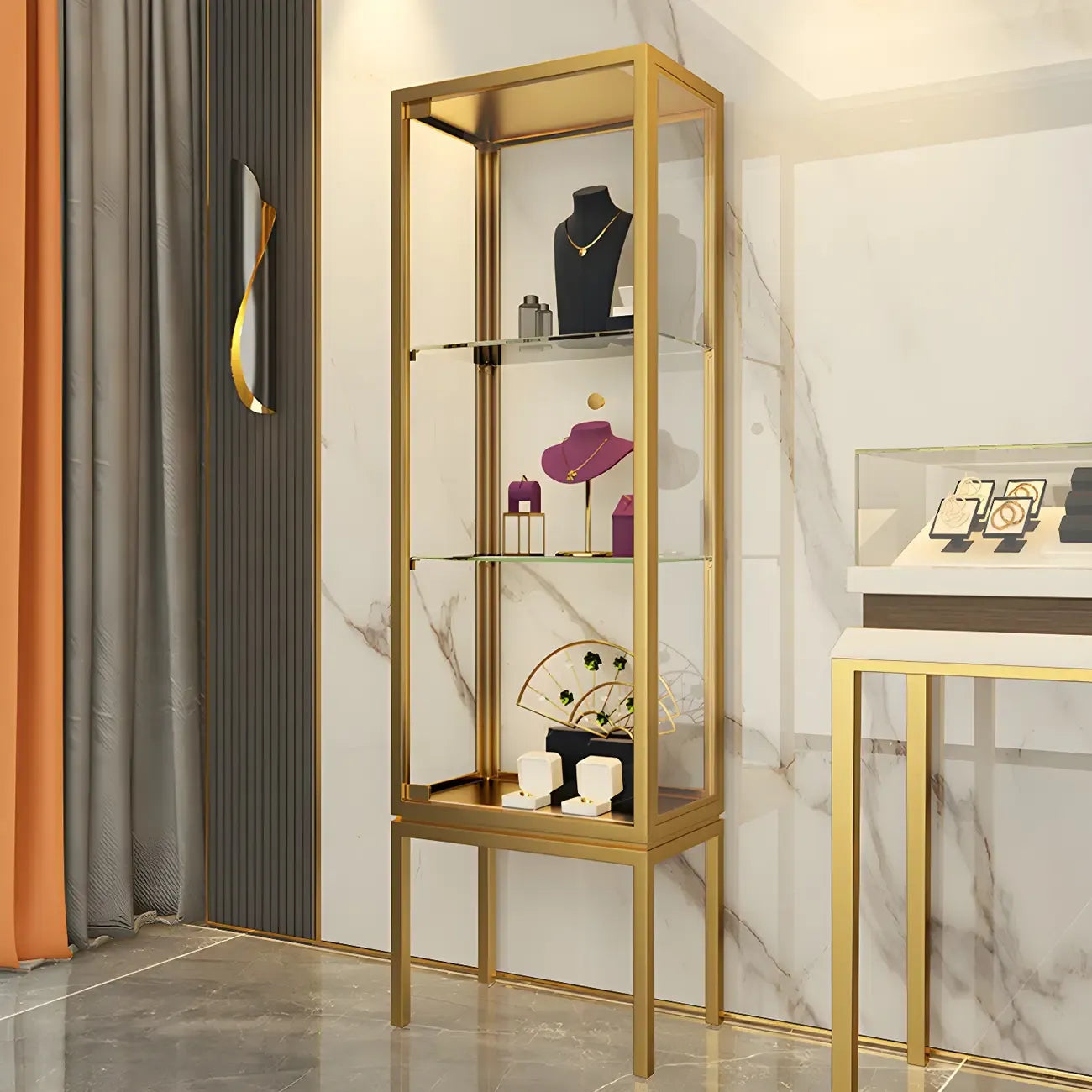 Vitrine avec étagère en verre transparent et cadre en métal noir