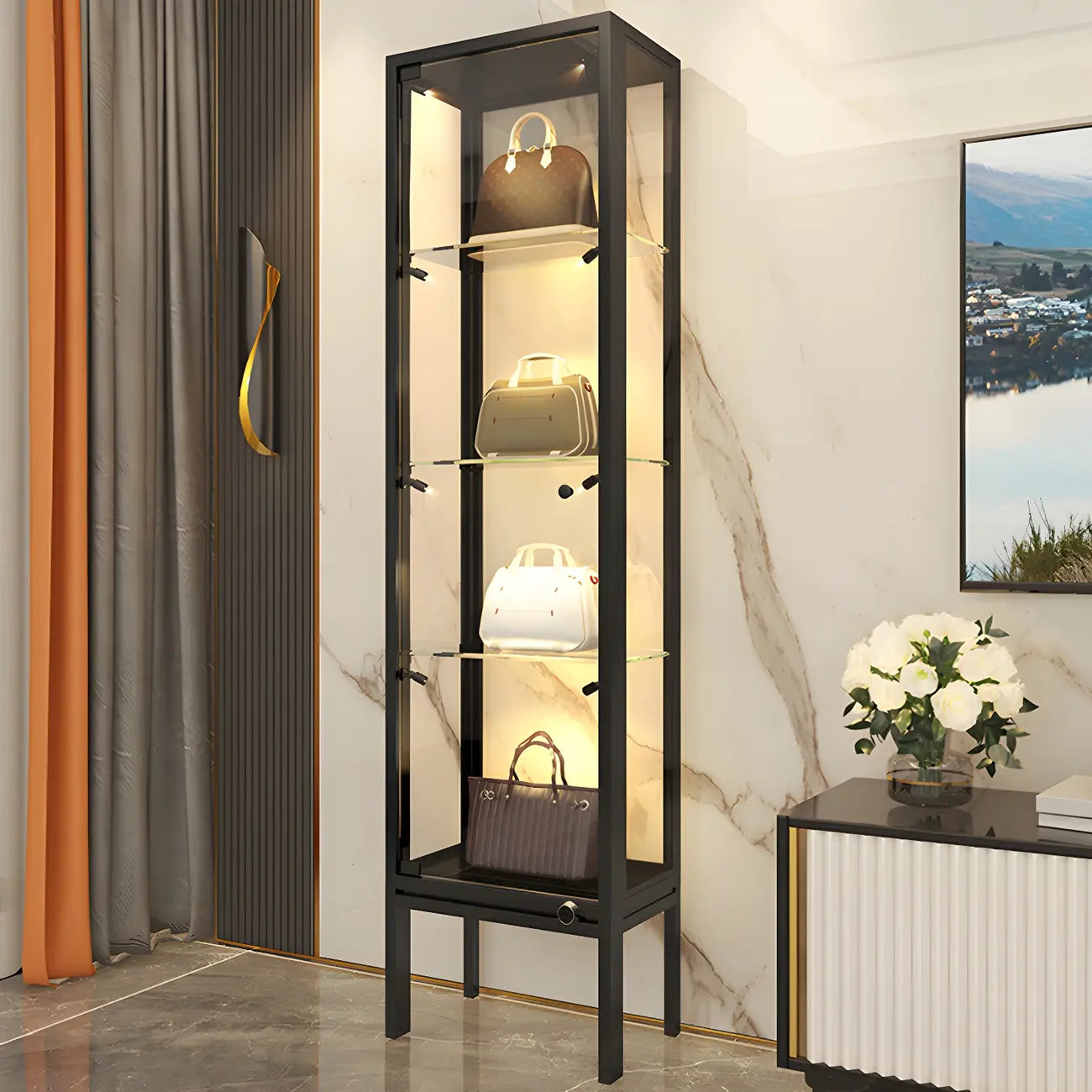 Vitrine avec étagère en verre transparent et cadre en métal noir
