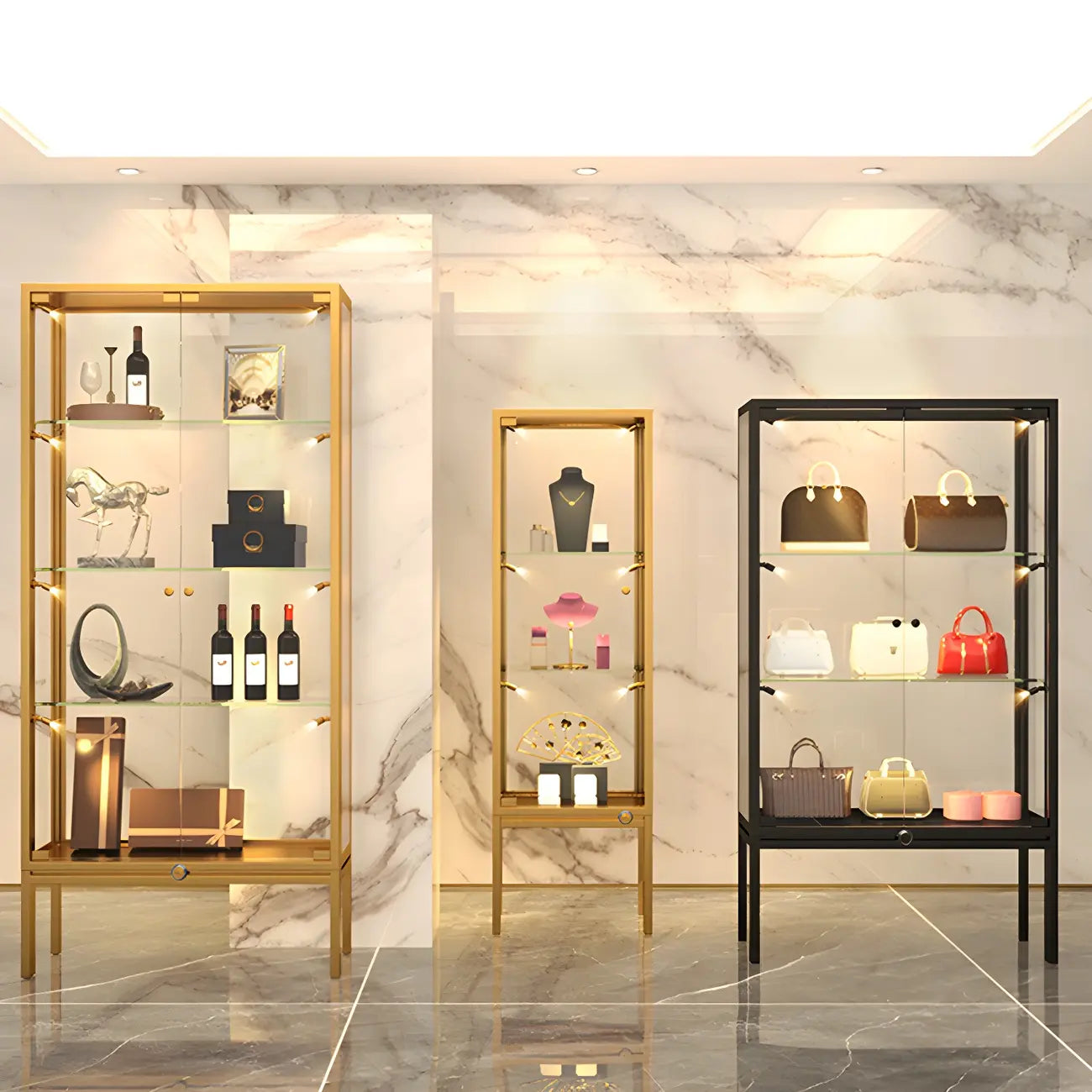 Vitrine avec étagère en verre transparent et cadre en métal noir