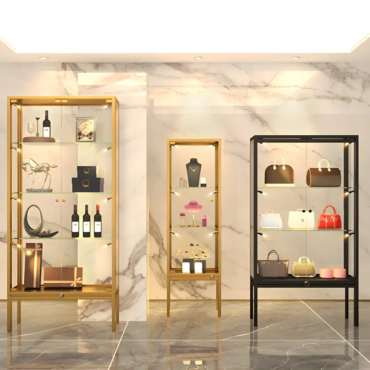 Vitrine avec étagère en verre transparent et cadre en métal noir