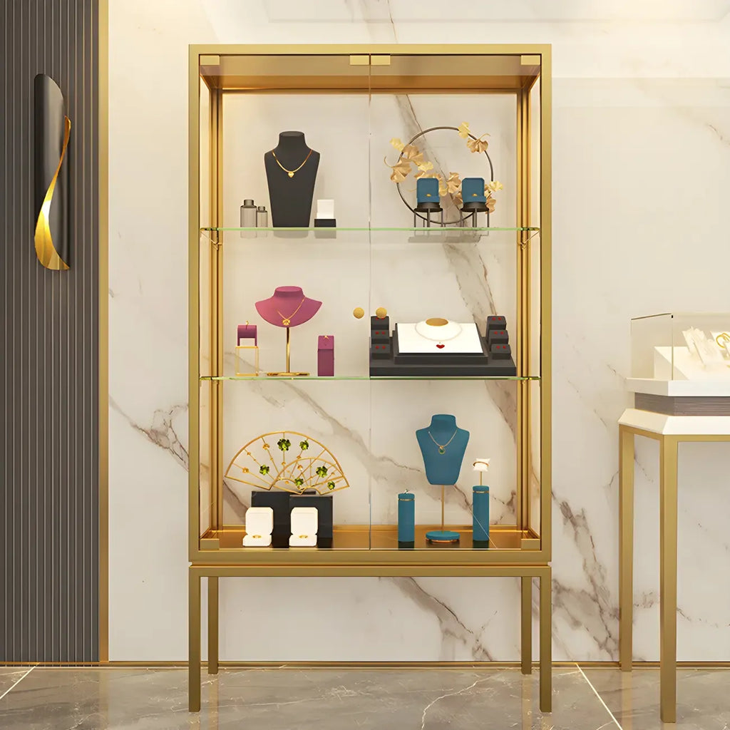 Vitrine avec étagère en verre transparent et cadre en métal noir