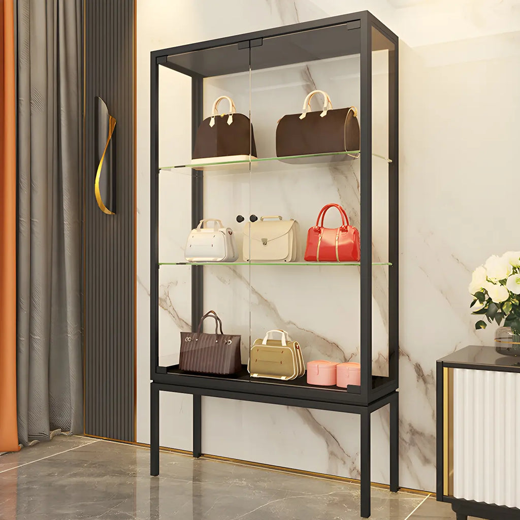 Vitrine avec étagère en verre transparent et cadre en métal noir