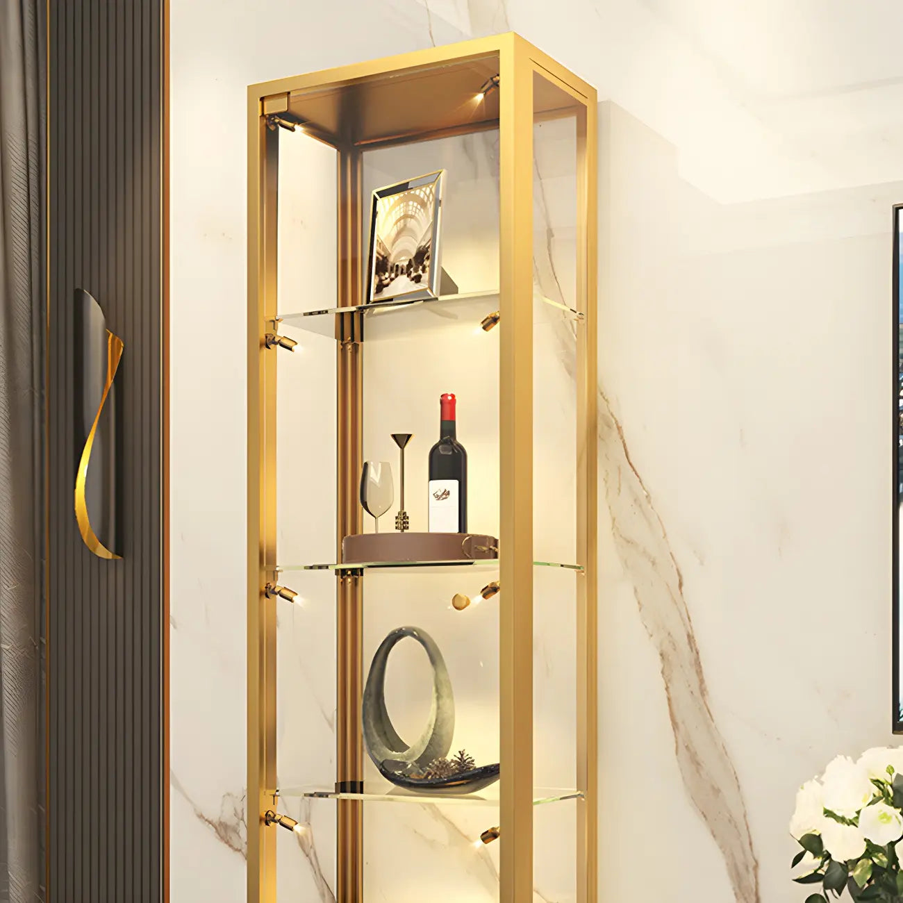 Vitrine avec étagère en verre transparent et cadre en métal noir