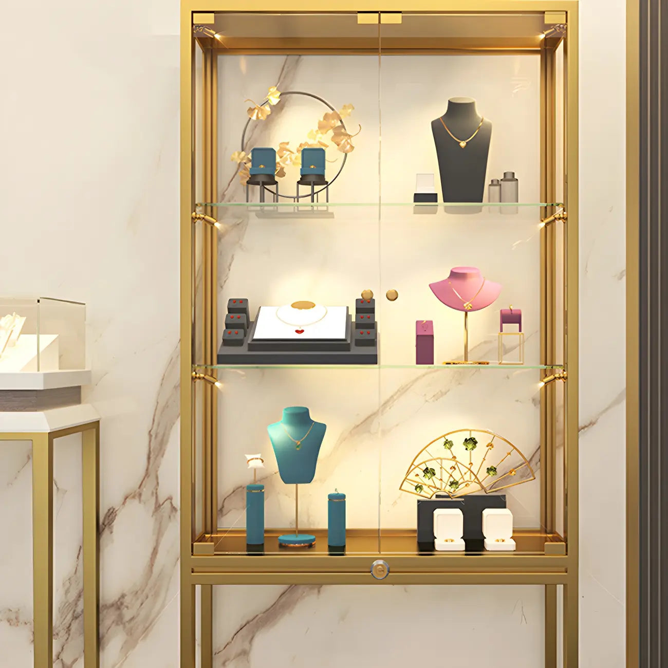 Vitrine avec étagère en verre transparent et cadre en métal noir