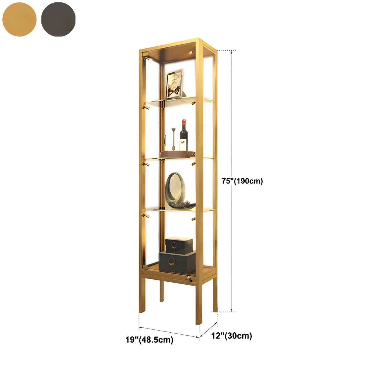 Vitrine avec étagère en verre transparent et cadre en métal noir