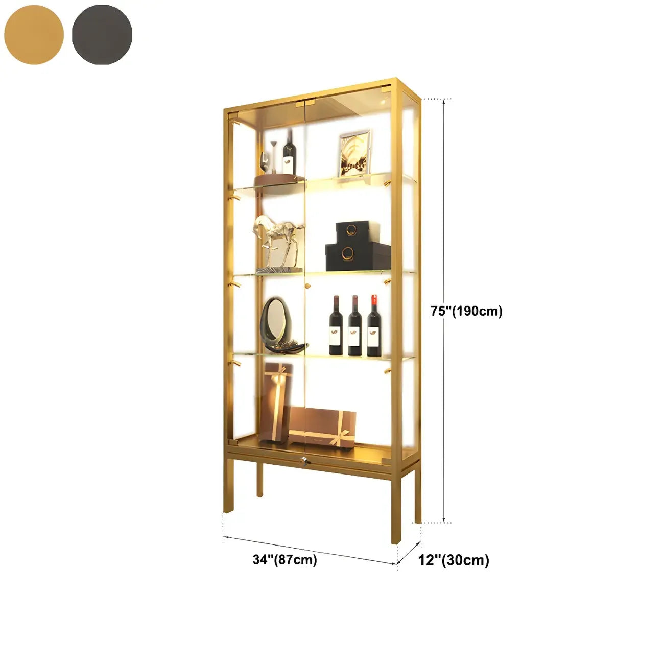 Vitrine avec étagère en verre transparent et cadre en métal noir