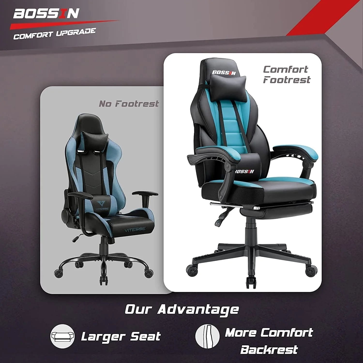 Chaise de jeu BOSSIN style racing, chaise de jeu grande taille supportant jusqu'à 136 kg (300 lbs), dossier haut, chaise d'ordinateur