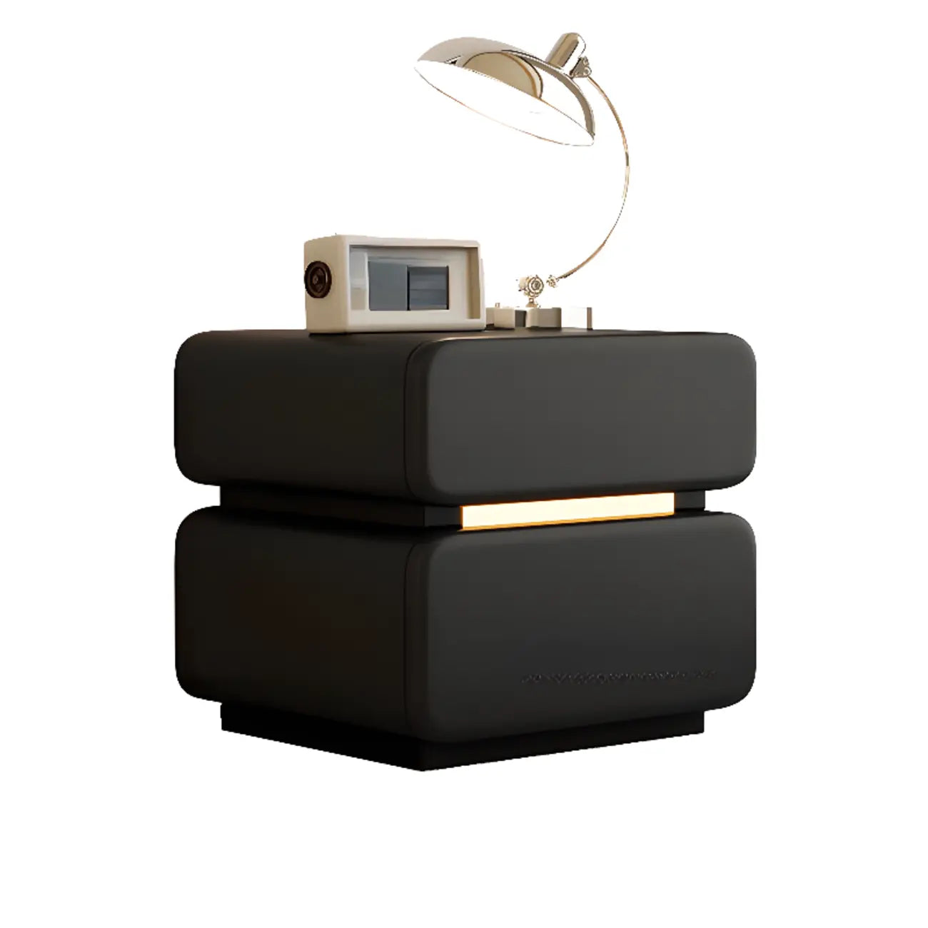 Table de chevet moderne avec plateau en cuir noir et 2 tiroirs