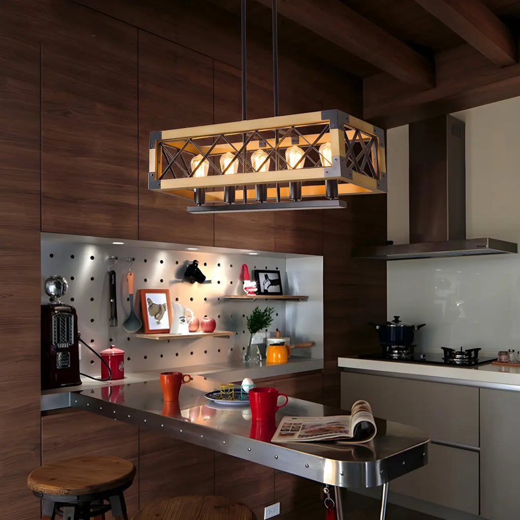 Suspension industrielle en métal noir à 5 lumières pour îlot de cuisine