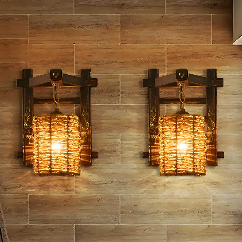 Applique murale d'extérieur cylindrique en rotin et bois