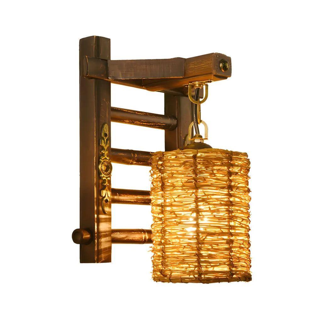 Applique murale d'extérieur cylindrique en rotin et bois
