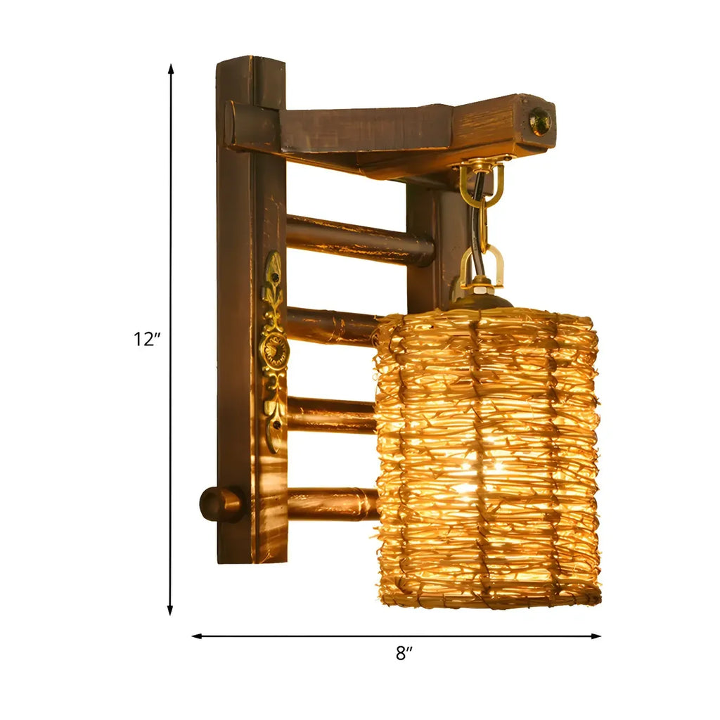 Applique murale d'extérieur cylindrique en rotin et bois