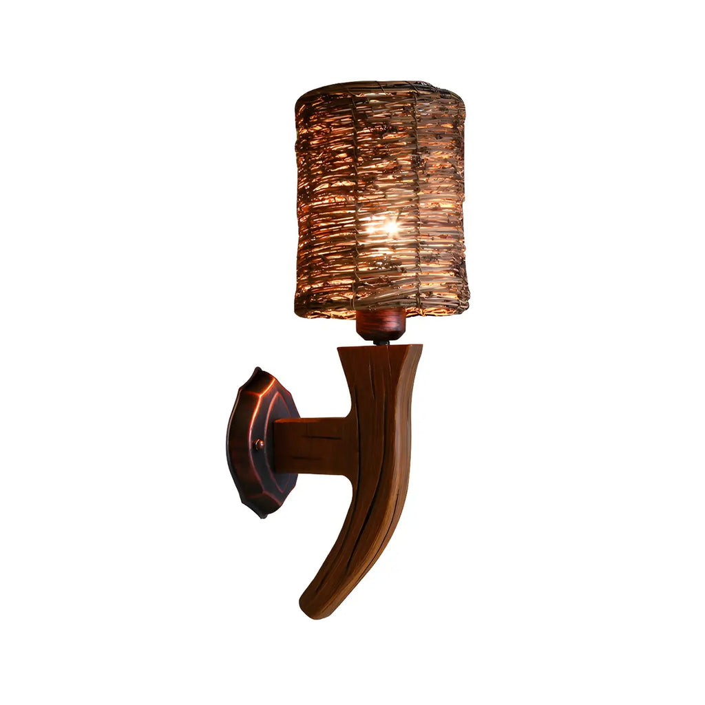 Applique murale d'extérieur cylindrique en rotin et bois