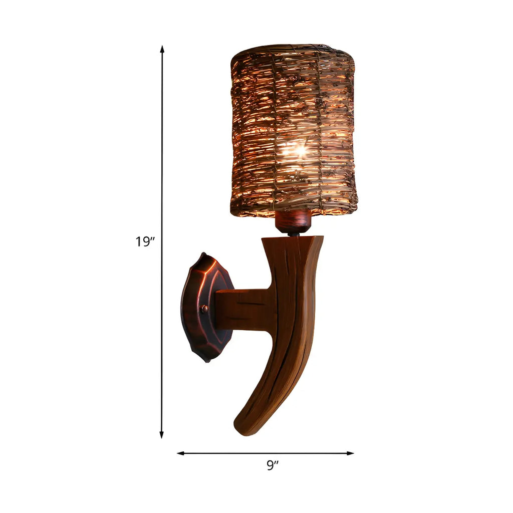 Applique murale d'extérieur cylindrique en rotin et bois