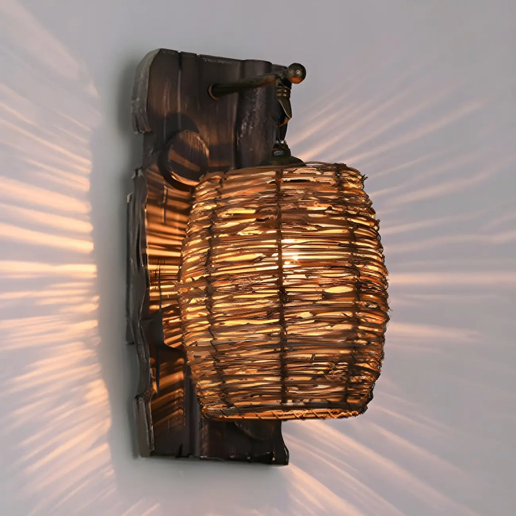 Applique murale d'extérieur cylindrique en rotin et bois