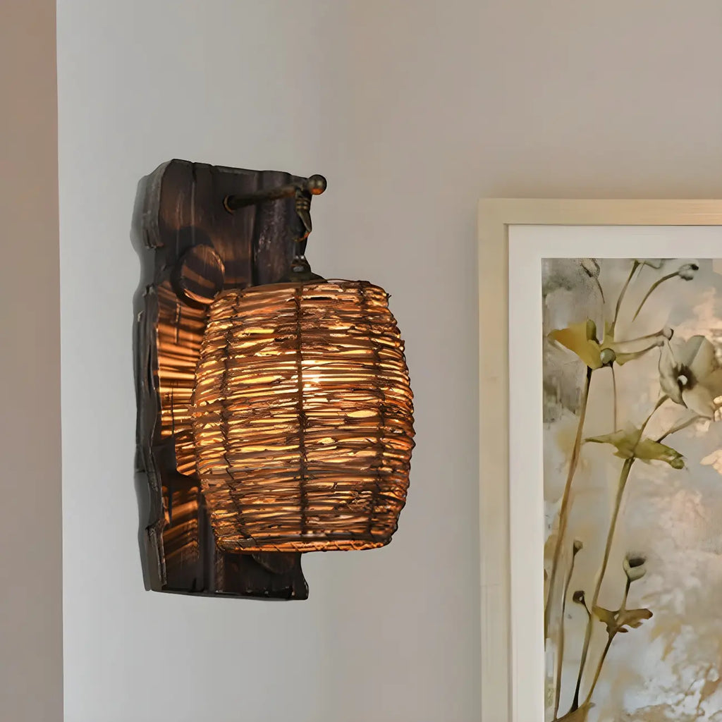Applique murale d'extérieur cylindrique en rotin et bois
