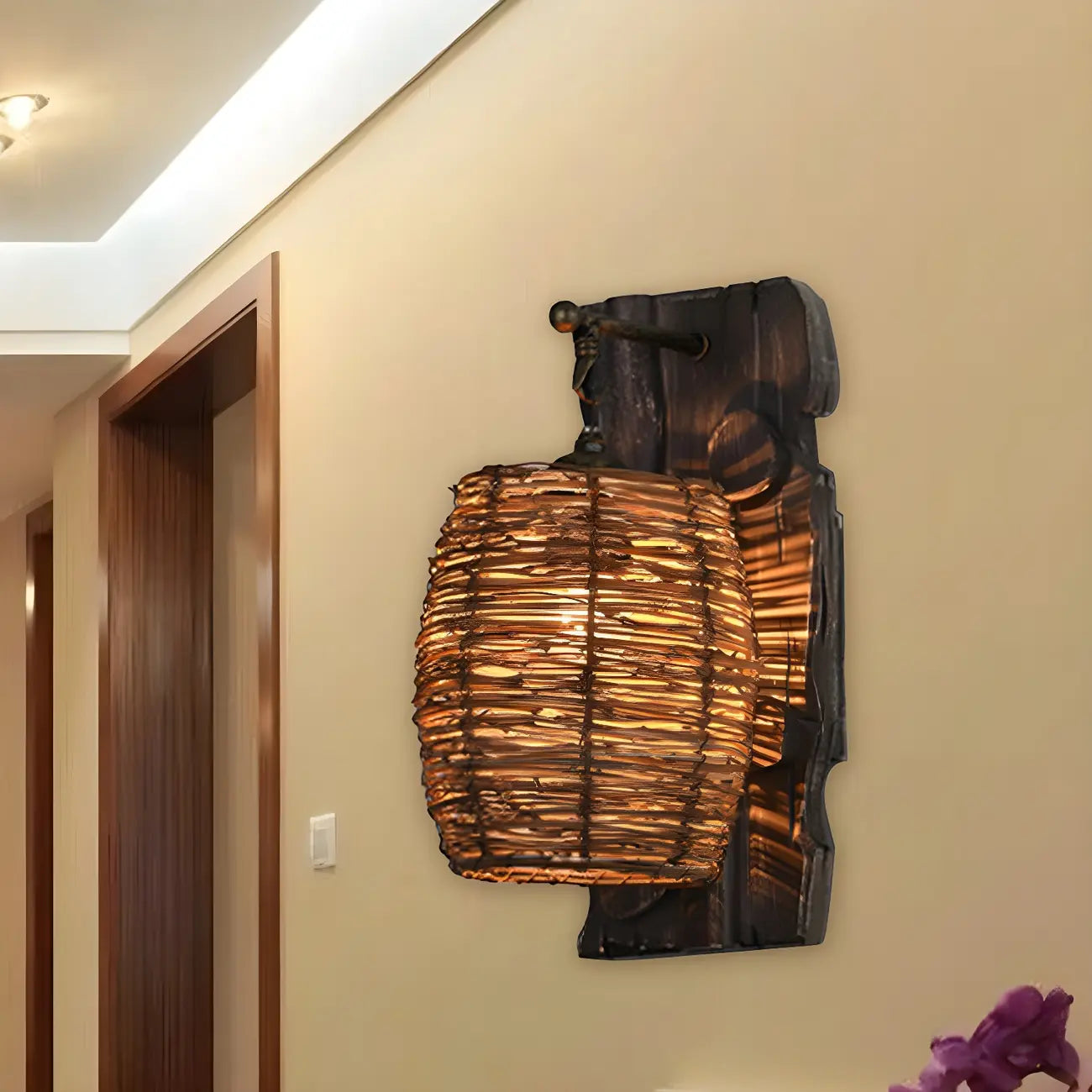 Applique murale d'extérieur cylindrique en rotin et bois