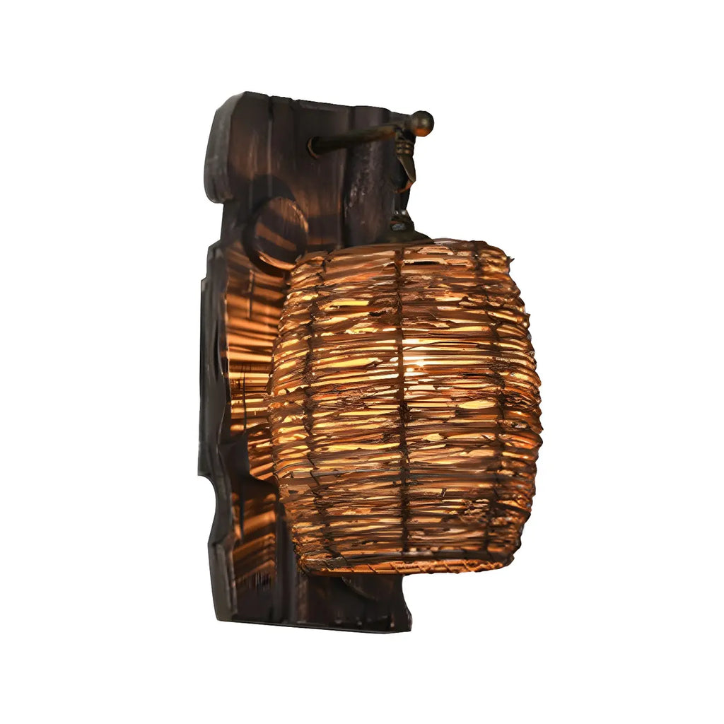Applique murale d'extérieur cylindrique en rotin et bois
