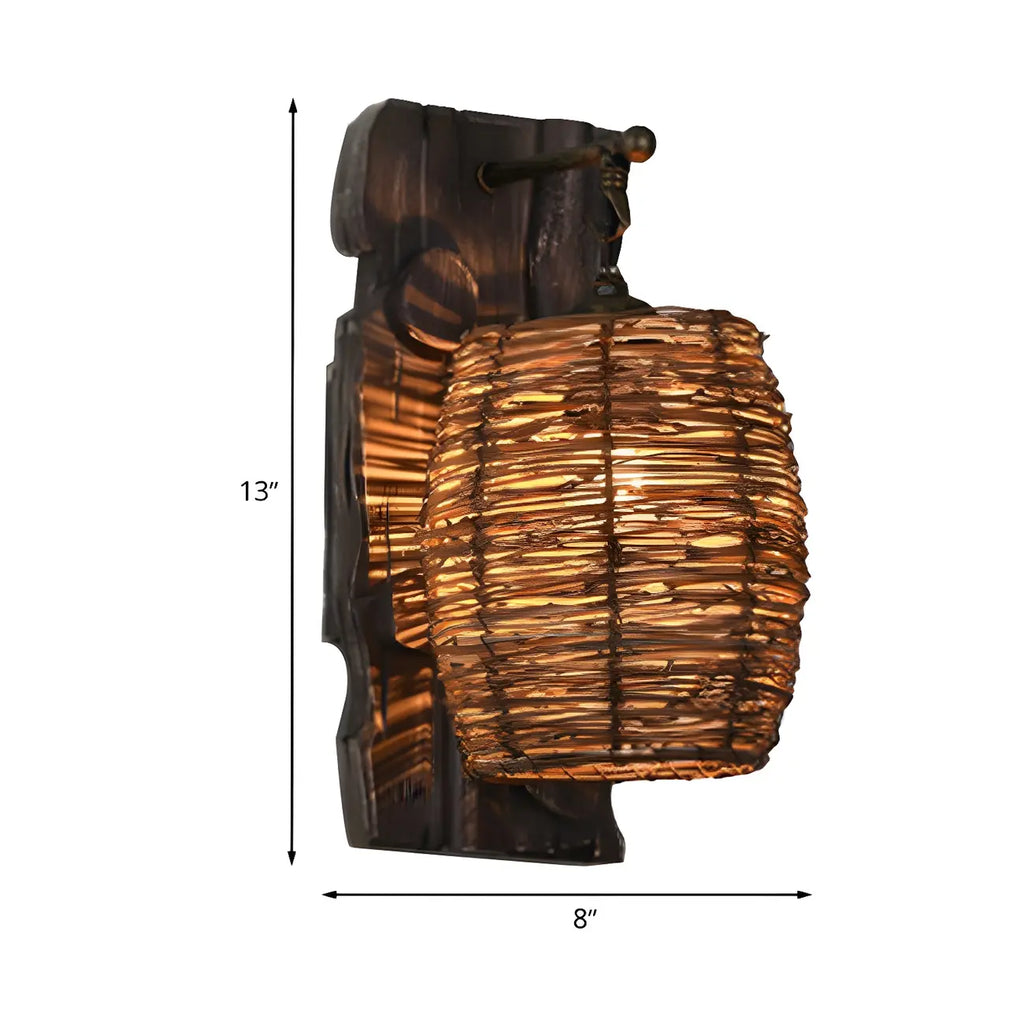 Applique murale d'extérieur cylindrique en rotin et bois