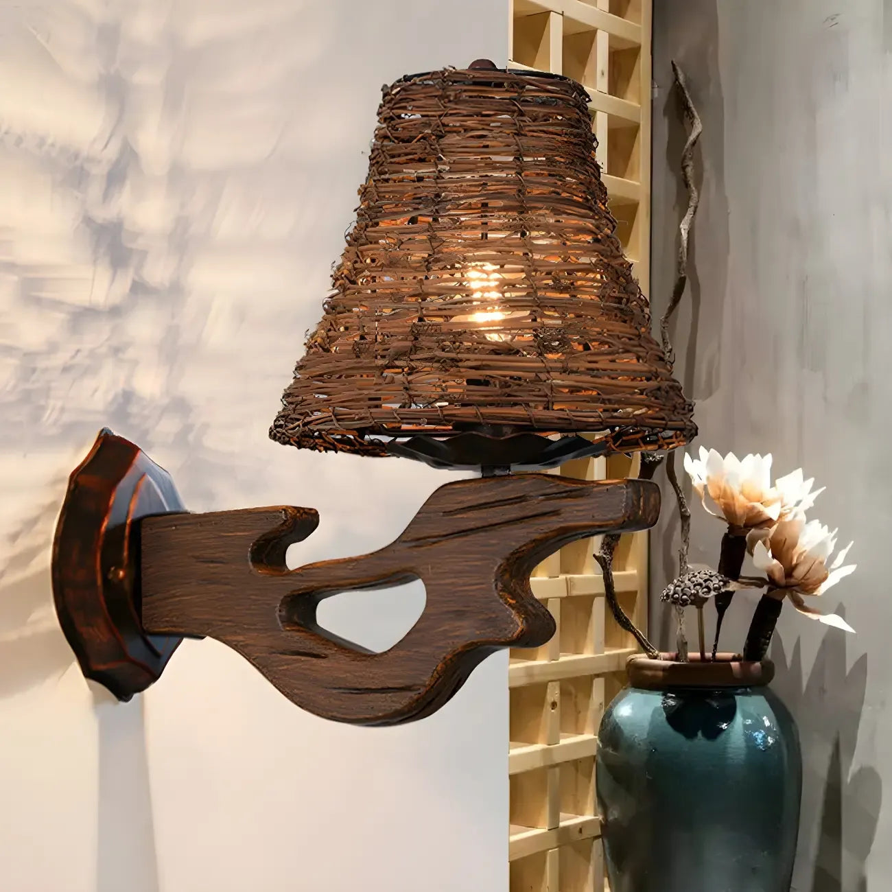 Applique murale d'extérieur cylindrique en rotin et bois