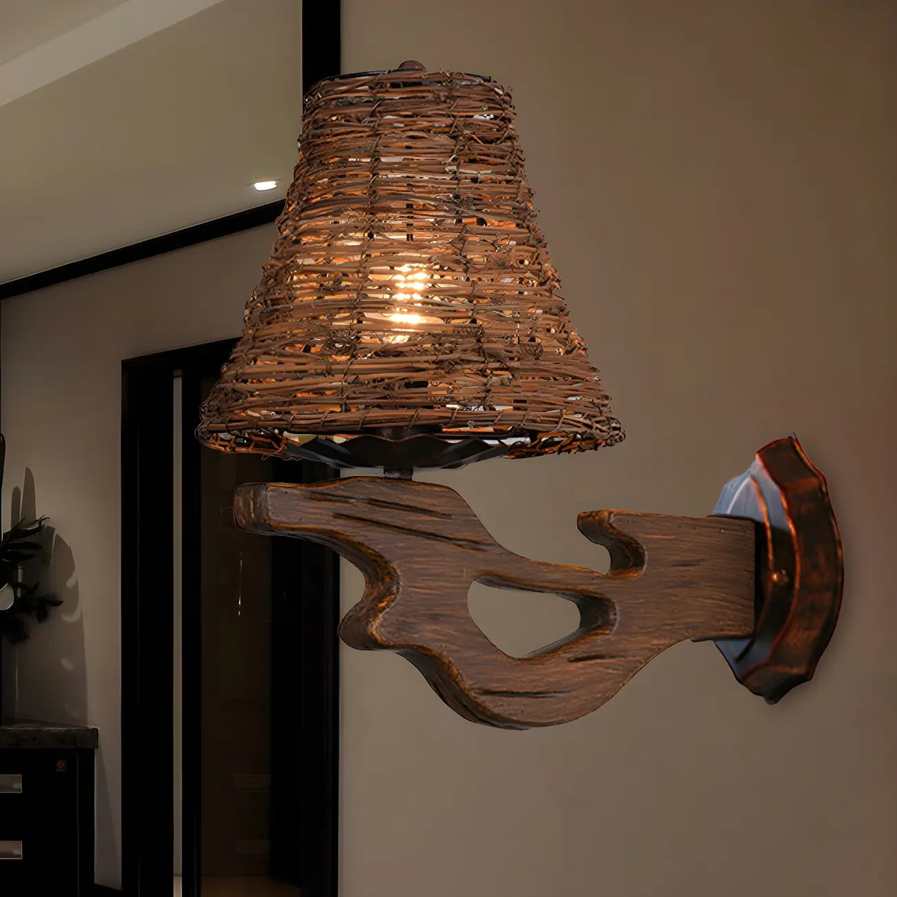 Applique murale d'extérieur cylindrique en rotin et bois
